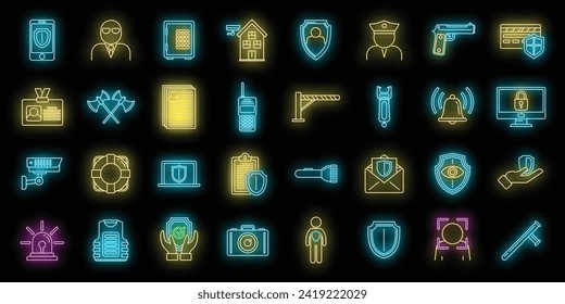 Persönliche Sicherheits-Symbole gesetzt. Rahmenset für persönliche SchutzvektorVektorsymbole, Neonfarbe auf Schwarz