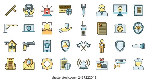 Security personal guard icons set. Outline set of security personal guard vector icons thin line color flat on white