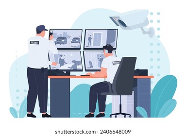 The security personnel of the object are watching the video surveillance cameras. Security service. Employees of security firms, private and state bodyguards. Vector illustration