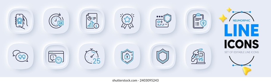 Security, Petrol station and Payment protection line icons for web app. Pack of Project deadline, Report, Quote bubble pictogram icons. 24h delivery, Award app, Shield signs. Timer. Vector