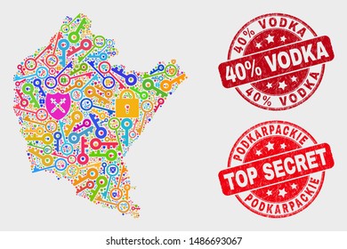 Security Podkarpackie Voivodeship map and seal stamps. Red rounded Top Secret and 40% Vodka textured seals. Colored Podkarpackie Voivodeship map mosaic of different guard items.