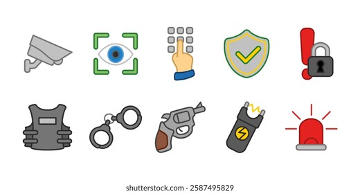 Security police icon set colored. Law enforcement and crime prevention vector illustration. Surveillance and protection concept. Safety and monitoring symbols. Emergency and authority representation.