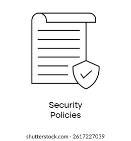 Security Policies – Document with Shield Representing Governance and Rules, icon with editable stroke