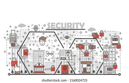 Security poster banner template. Data protection, computer security vector thin line art flat style design elements, icons for website banners and printed materials.