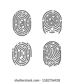 Security and prints of fingers to pass access. Identification fingerprints sketches set icons vector. System of bio recognition, identifying methods