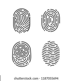Security and prints of fingers to pass access. Identification fingerprints sketches set icons vector. System of bio recognition, identifying methods