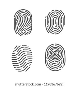 Seguridad e impresiones de los dedos para pasar el acceso. Las huellas dactilares de identificación esbozan los iconos vectorial. Sistema de reconocimiento biológico, métodos de identificación