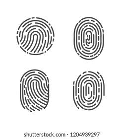 Security and prints of fingers to pass access. Identification fingerprints sketches set icons vector. System of bio recognition, identifying methods