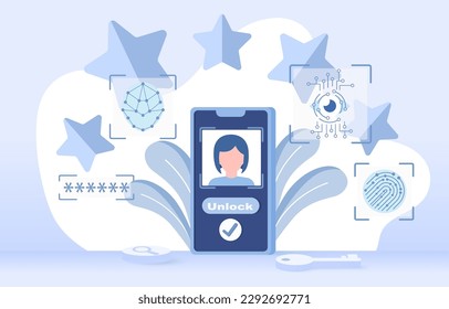 Security privacy concept. Focus access personal details through passwords, face ID, iris scan, and finger scan. Positive reviews about access to personal data. Flat vector illustration.