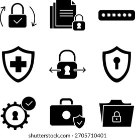 Ícones de glifos de segurança e privacidade - Bloqueio, Proteção por senha, Conjunto de vetores