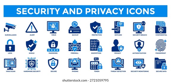 Security and privacy icon collection set. Containing secure, password, firewall, encryption, authentication, surveillance, protection icon.