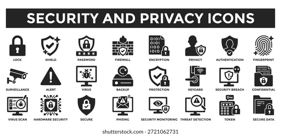 Security and privacy icon collection set. Containing secure, password, firewall, encryption, authentication, surveillance, protection icon. Solid style vector illustration.	