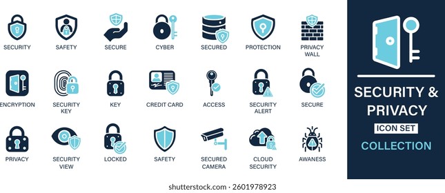 Security and privacy icon set collection. Safety, secure, cyber, secured, protection, privacy wall, encryption, security key, credit card, safety. And solid icon set collection.