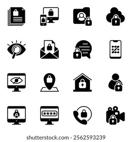 Security and privacy icons set. website, protect, user, secure, security, database, identity, policy, hacker, software, rule, guidance, server, important, personal, safe, search, tech