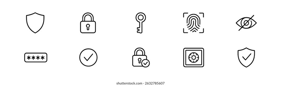 Security, privacy line icon set - password, lock, shield, and key symbols