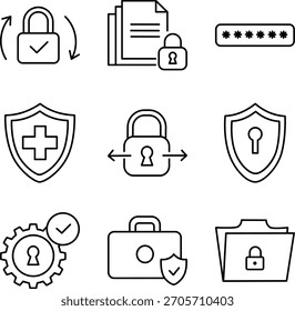 Ícones de linha de segurança e privacidade - Bloqueio, Escudo, Conjunto de vetores de proteção por senha