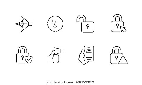 Conjunto de ícones de linha de segurança e privacidade - esboço, proteção, símbolos seguros e protegidos