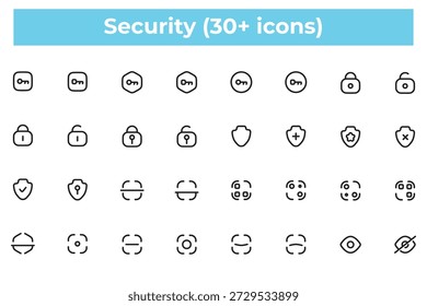 Conjunto de ícones de linha de segurança e privacidade com 30 símbolos vetoriais