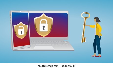 Security and privacy on internet. Woman with own golden key standing beside her equipment. Vector illustration. Dimension 16:9.