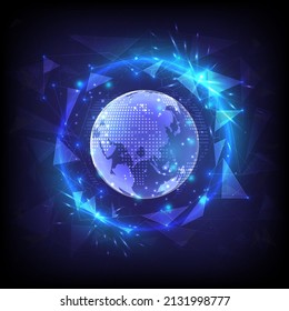 Security privacy safe. Glowing sphere of hexagon and globe. High technology protect. Computer of antivirus and criminal. Protection and immunity in the form of energy shield. Polygon background