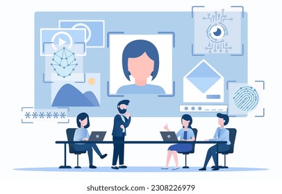 Security and privacy of sensitive personal information concept. Business people discussing ways to protect online personal data, strong password, face ID, iris scan, and fingerprint scan.