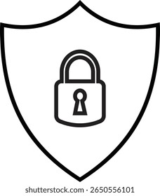 Security and privacy shield outline icon. Cybersecurity shield icon representing data protection and security isolated on transparent background. Digital security icon. Vector illustration.