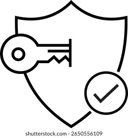 Security and privacy shield outline icon. Cybersecurity shield icon representing data protection and security isolated on transparent background. Digital security icon. Vector illustration.
