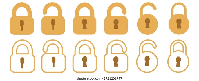 Security and privacy symbol. Set of security shield icons, security shields logotypes with check mark and padlock. Lock icon collection. Locked and unlocked black line icon set. Security shield.