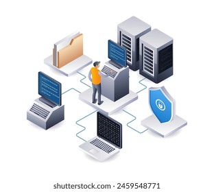 Security program hosting cloud data server technology infographic 3d illustration flat isometric