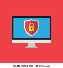 
Security, protect your computer. A shield with a lock is depicted on the monitor screen.Vector illustration.10 eps.