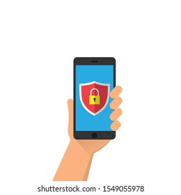 Security, protect.A shield with a lock is depicted on the smartphone screen.vector illustration of a phone in a man's hand. isolated on white background.10 eps.