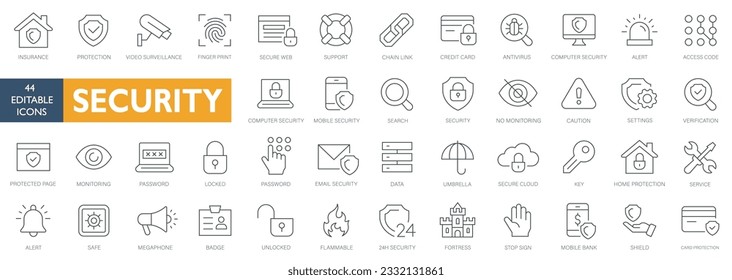 Security  Protection 44 stroke icon set. Security editable stroke icons. Protection symbols collection. Vector. editable stroke security and protection icons simple icons stroke icons