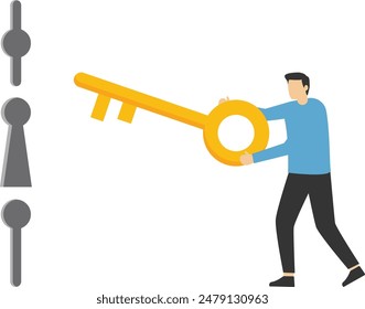 Security, protection of account concept, businessman cartoon character standing and choosing right key to open key hole

