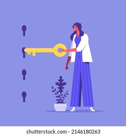 Security, protection of account concept,  woman cartoon character standing and choosing right key to open key hole 