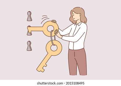 Security, protection of account concept. Young woman cartoon character standing and choosing right key to open key hole vector illustration 