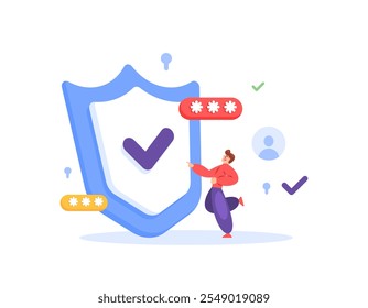 security and protection concept. account data protection and safety. prevention and defense. accessibility and password. illustration of a user with a large shield. flat style design. elements
