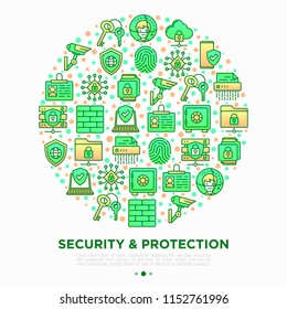 Security and protection concept in circle with thin line icons: mobile security, fingerprint, badge, firewall, face ID, secure folder, encrypted messaging. Vector illustration, print media template.