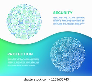 Security and protection concept in circle with thin line icons: mobile security, fingerprint, badge, firewall, face ID, secure folder, shredder, bank safe, encrypted messaging. Vector illustration.
