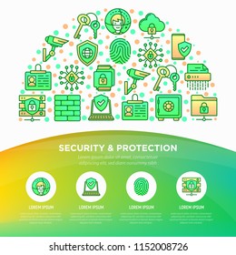 Security and protection concept in half circle with thin line icons: mobile security, fingerprint, firewall, face ID, secure folder, surveillance camera, encrypted messaging. Vector illustration.