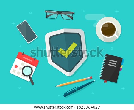 Security protection concept shield on working desk business table vector flat lay, web virus digital attack or guard internet idea, personal secure safety technology as anti fraud private cyber tech