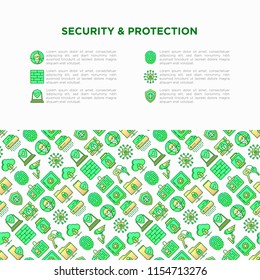Security and protection concept with thin line icons: mobile security, fingerprint, firewall, face ID, secure folder, surveillance camera, encrypted messaging. Vector illustration.