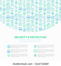 Security and protection concept with thin line icons: mobile security, fingerprint, badge, firewall, face ID, secure folder, keyset, shredder, bank safe, encrypted messaging. Vvector illustration.