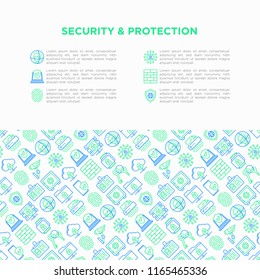 Security and protection concept with thin line icons: fingerprint, firewall, face ID,  surveillance camera, keyset, shredder, bank safe, encrypted messaging. Vector illustration, print media template.