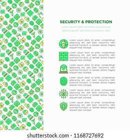 Security and protection concept with thin line icons: mobile security, fingerprint, badge, firewall, face ID, secure folder, surveillance camera, shredder. Vector illustration, print media template.