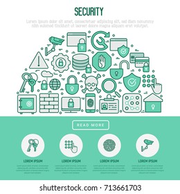 Security and protection concept with thin line icons: data, surveillance camera, finger print, electronic key, password, alarm, safe. Vector illustration for banner, web page, print media.