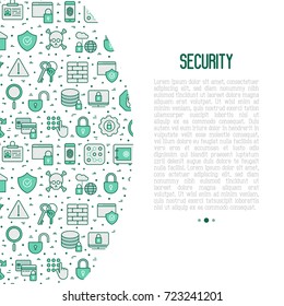 Security and protection concept with thin line icons: data, surveillance camera, finger print, electronic key, password, alarm, safe. Vector illustration for banner, web page, print media.