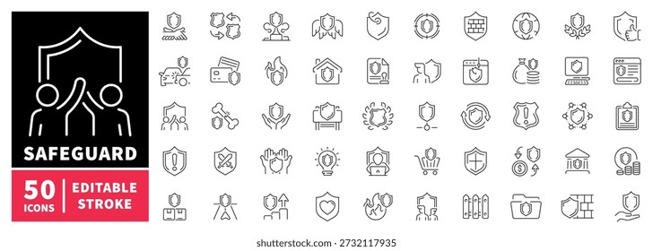 Security and protection editable line icons set. safety and shield designs