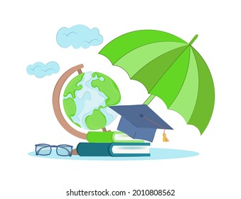 Seguridad y protección del concepto de educación. Signo de gestión de riesgos, concepto de seguro de educación. Libros, globos y gafas bajo un paraguas. Ilustración vectorial en estilo plano. 