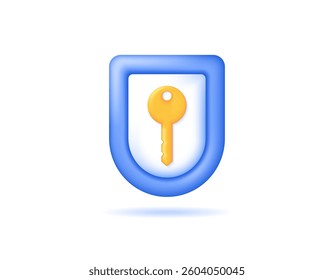 security and protection encryption system concept. access key. password, privacy, authentication, verification. illustration of a shield with a golden key. symbol or icon. minimalist 3d style design