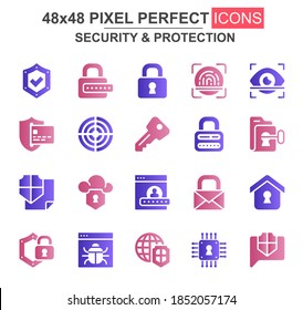 Conjunto de iconos de glifo de seguridad y protección. Contraseña, candado, huella dactilar, escaneo de retina, cortafuegos, fallo, proteger iconos únicos. Paquete de vector plano para el diseño de UI UX. Paquete de pictogramas GUI de 48x48 píxeles perfectos.